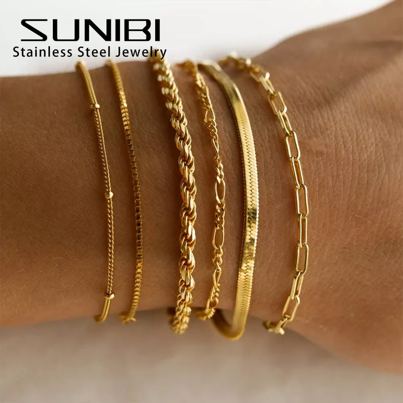 SUNIBI-Pulseiras Clássicas de Corrente de Cobra para Mulheres, Banhado a Ouro, Aço Inoxidável, Corrente Cubana, Pulseira Trendy, Joias