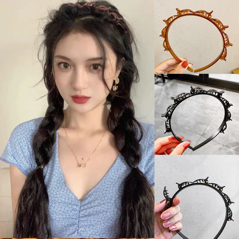 Ruoshui-Hairband antiderrapante feminino com clipes, faixa dupla para a cabeça, moldura penteado, aro para cabelo, acessórios para headwear