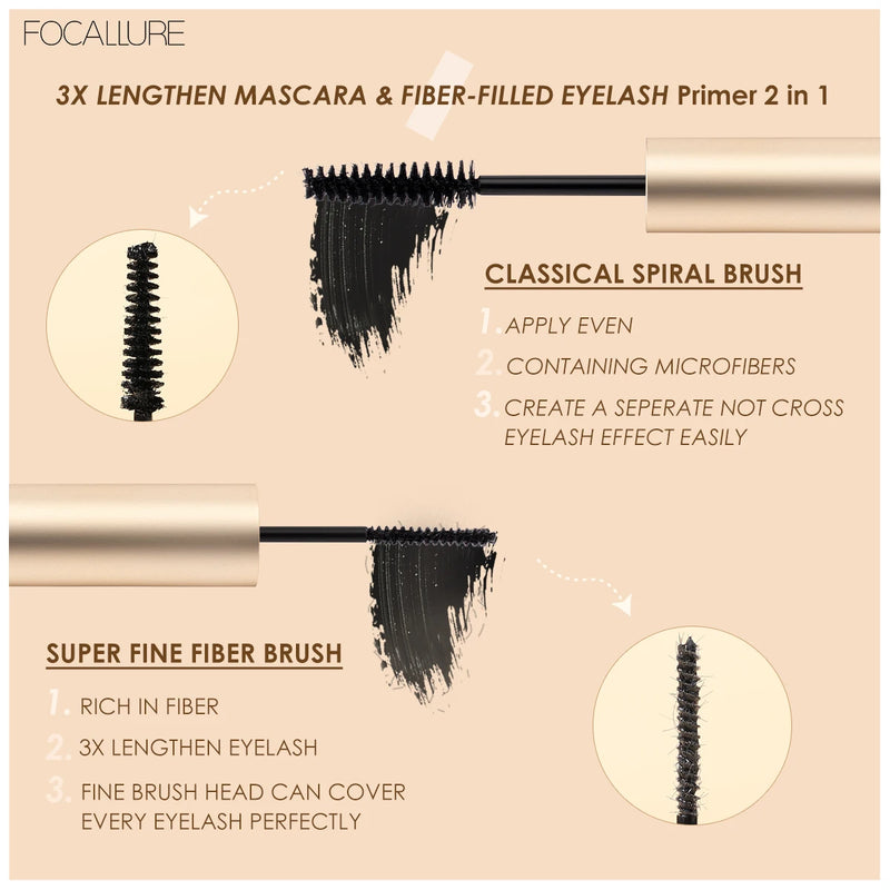 FOCALLURE À Prova D' Água 2 Em 1 Preto Rímel Delineador Fibra 3D Natural Potenciador de Crescimento de Cílios Alongamento Mais Grosso Eye Lash Primer