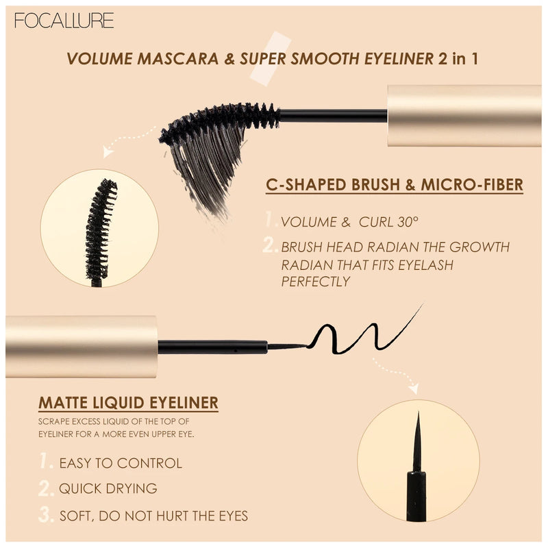 FOCALLURE À Prova D' Água 2 Em 1 Preto Rímel Delineador Fibra 3D Natural Potenciador de Crescimento de Cílios Alongamento Mais Grosso Eye Lash Primer