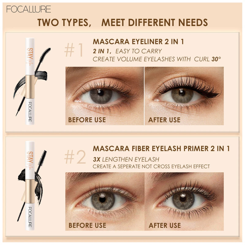 FOCALLURE À Prova D' Água 2 Em 1 Preto Rímel Delineador Fibra 3D Natural Potenciador de Crescimento de Cílios Alongamento Mais Grosso Eye Lash Primer