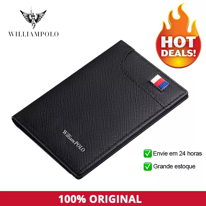 William Polo carteira masculina 6 suportes de cartão bolsa para homem couro luxo cartão de crédito carteira masculina pequena bolsa presente para marido preto