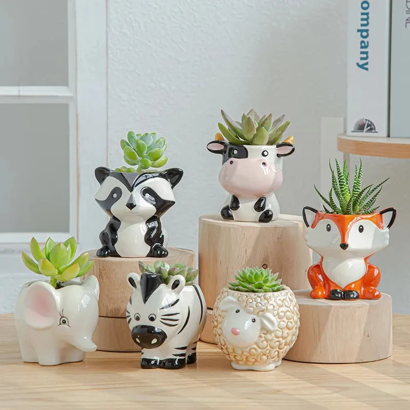 Nordic Ceramic Animal Flower Pot, Cartoon Zebra Sheep Cow Head Mini Pot, Suculentas Plantas Bonsai Potes, Decoração para casa, Novo Estilo