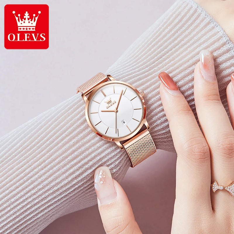 Olevs 6.5mm ultra fino relógios para mulher rosa ouro aço inoxidável à prova dbig água senhoras relógios de pulso grande face relógio de quartzo presente caixa