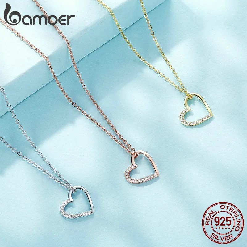 Bamoer-Genuíno 925 Colar de Prata Esterlina para Mulheres, Corrente A Forma do Amor, Joalheria Fina, Colarinho 18,11"