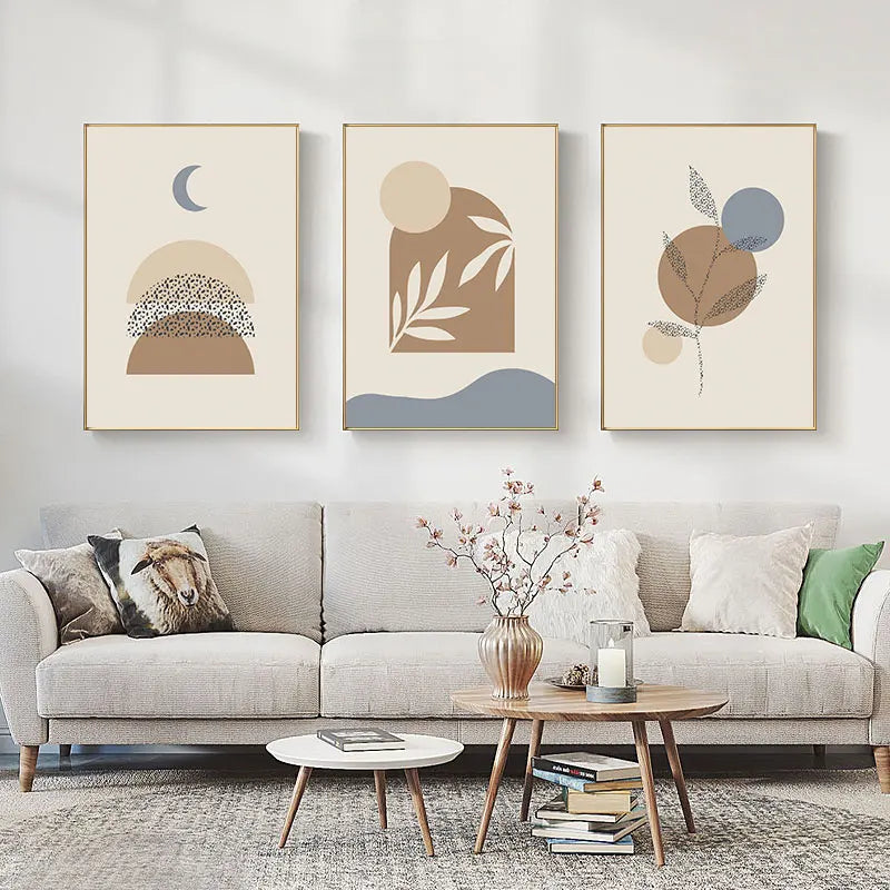 Folhas geométricas lua bege boho pintura da lona impressão abstrata parede cartazes decorativos para sala de estar decoração casa arte imagem