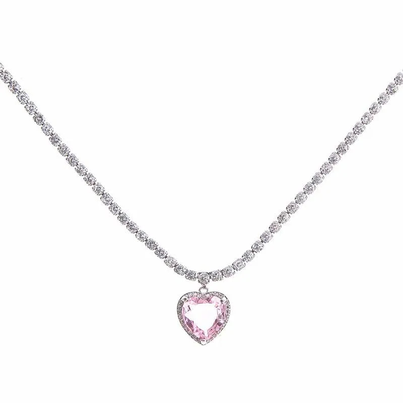 Rosa coração pingente colar para as mulheres amantes rhinestone clavícula corrente chocker feminino bonito cristal moonstone jewlery presentes