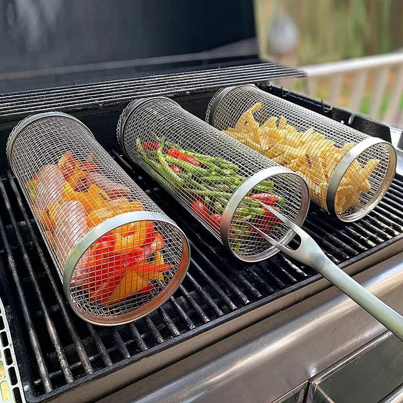 Aço inoxidável Leakproof Mesh Barbecue Rack, simples cilíndrico Grill Basket, Rolling Grilling BBQ, Piquenique ao ar livre, Camping, Novo