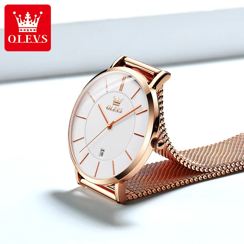 Olevs 6.5mm ultra fino relógios para mulher rosa ouro aço inoxidável à prova dbig água senhoras relógios de pulso grande face relógio de quartzo presente caixa