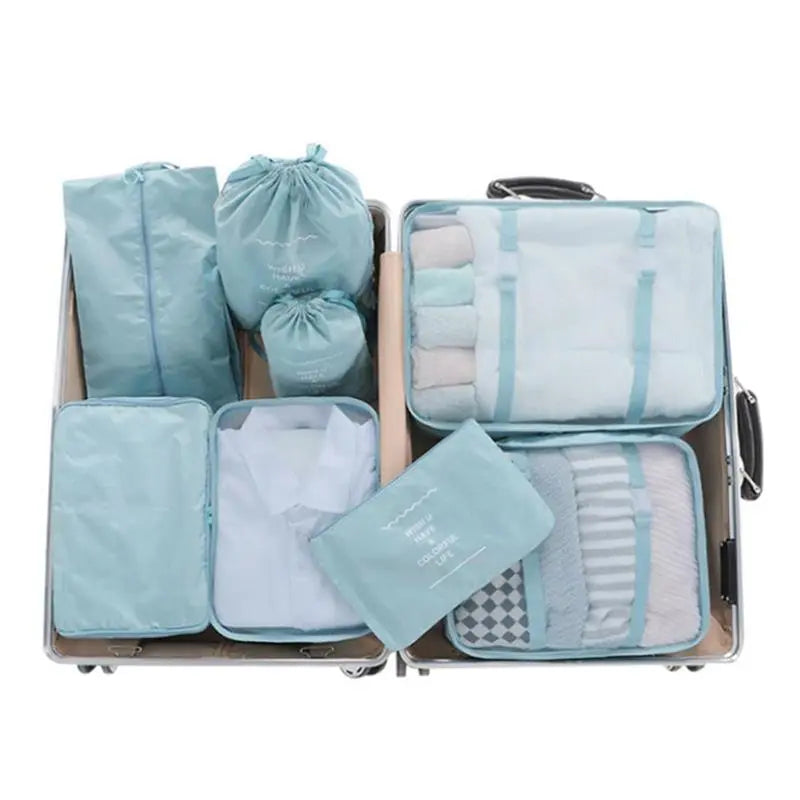 Impermeável grande capacidade viagem armazenamento saco conjunto, roupas classificando bagagem saco, preto azul e cinza, 8 pcs por conjunto