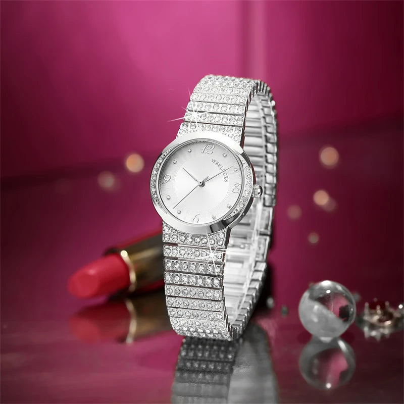 Weelucks k1001 relógio de quartzo de luxo feminino relógios de diamante completo banda 3atm à prova delegant água moda elegante esportes feminino relógio de pulso watch