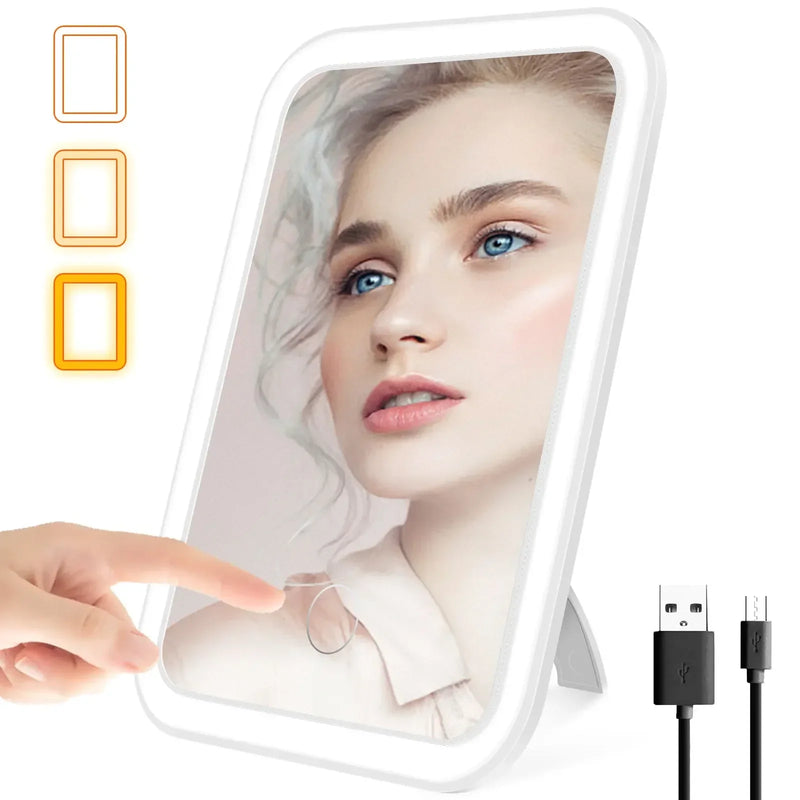 Espelho De Maquiagem LED com Tela De Toque Kickstand 3 Cores Dimmable Cosmetic Travel Mirror com Luz Portátil Vanity Mirror