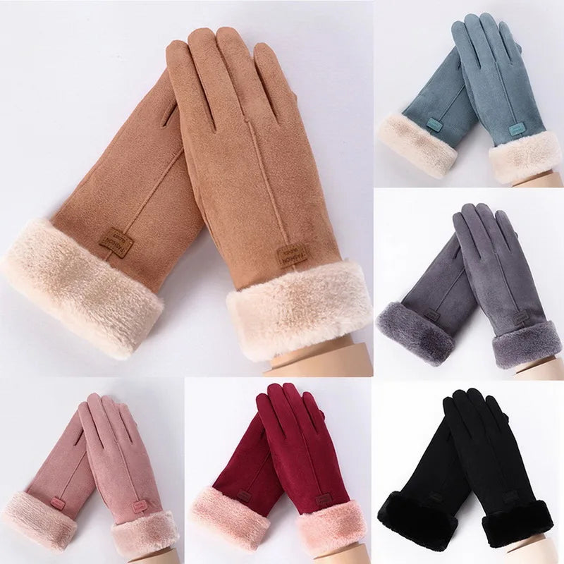 Inverno Feminino Cashmere Quente Camurça De Couro Ciclismo Mittens Duplo Grosso Veludo De Pelúcia Pulso Mulheres Touch Screen Condução Luvas