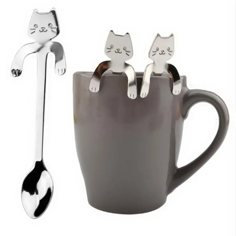 Colher de café em aço inoxidável, colher de chá para sobremesa, lanche, colher de sorvete, mini colheres, utensílios de cozinha, gato bonito bonito