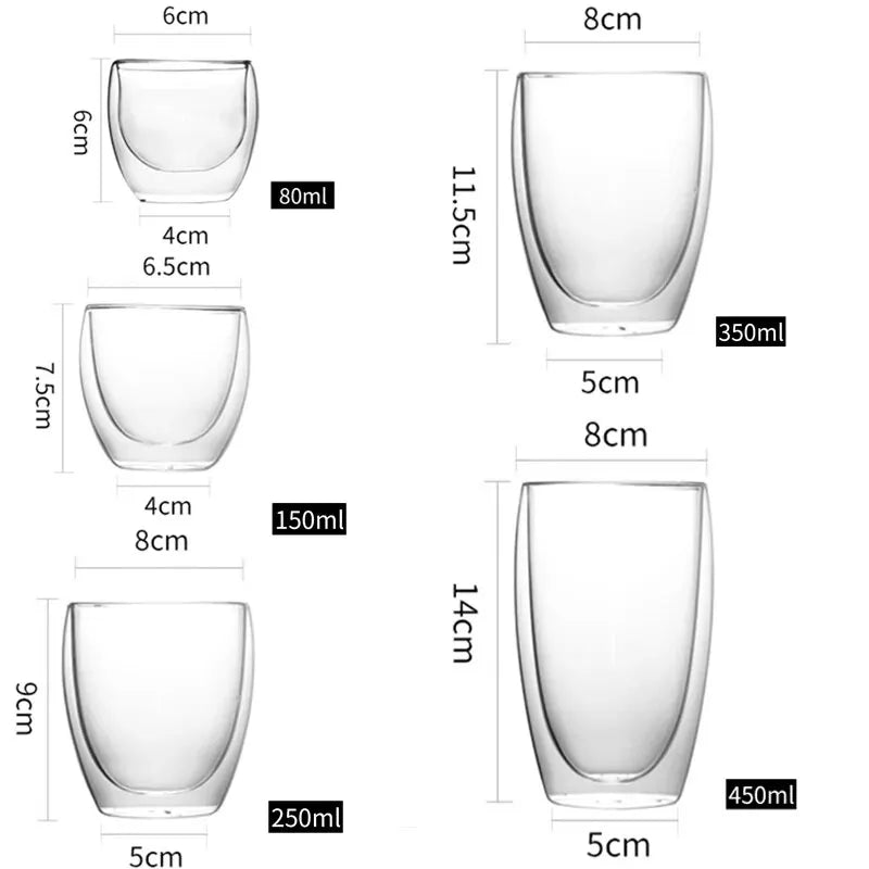 Clear Double Wall Glass Set, Canecas de café, Copos Camada Isolada, Adequado para Bar, Chá, Leite, Suco, Água, Espresso Shot, 5 Tamanhos, 6 Pack