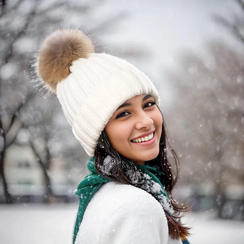 Chapéu de malha monocromática para mulheres, boné, pompom grande macio, gorro grosso, skate de esqui ao ar livre, mantenha-se aquecido para o inverno, 010