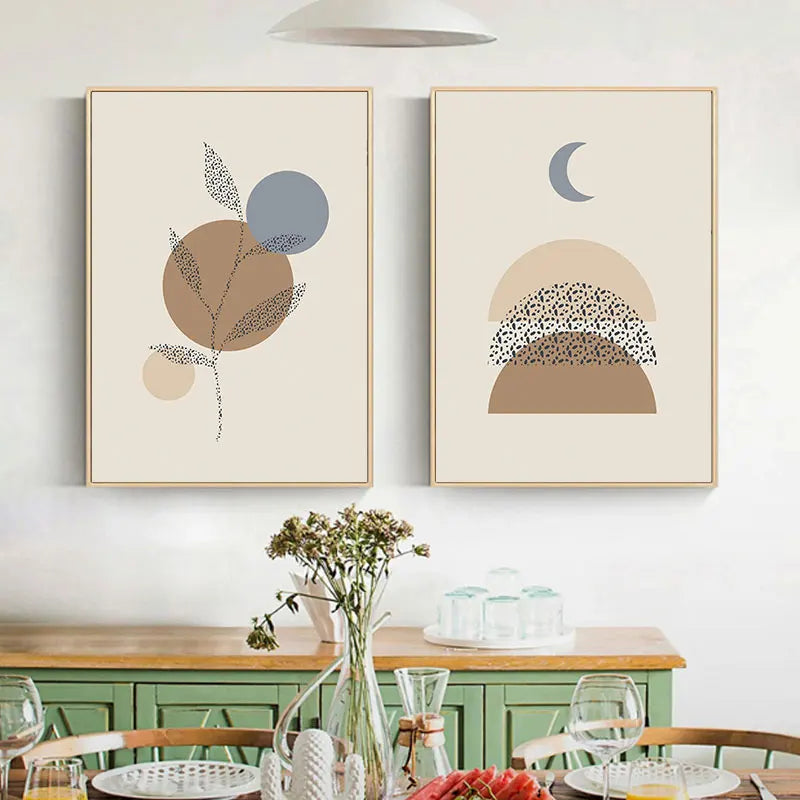 Folhas geométricas lua bege boho pintura da lona impressão abstrata parede cartazes decorativos para sala de estar decoração casa arte imagem