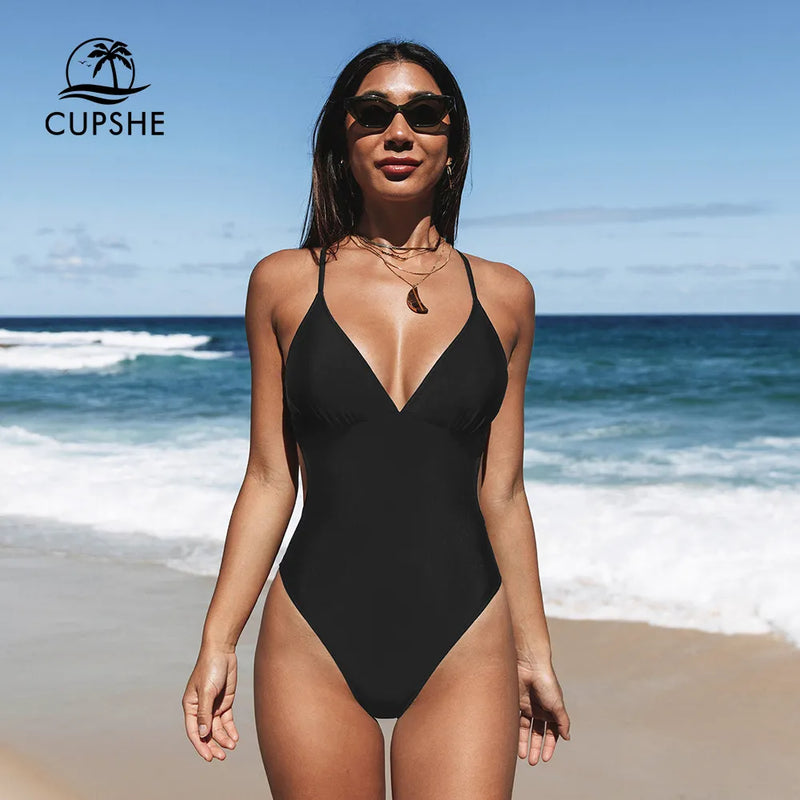 Cupshe-maiô de uma peça com recorte de volta para as mulheres sexy monokini, pescoço-v, roupas de praia, 2023