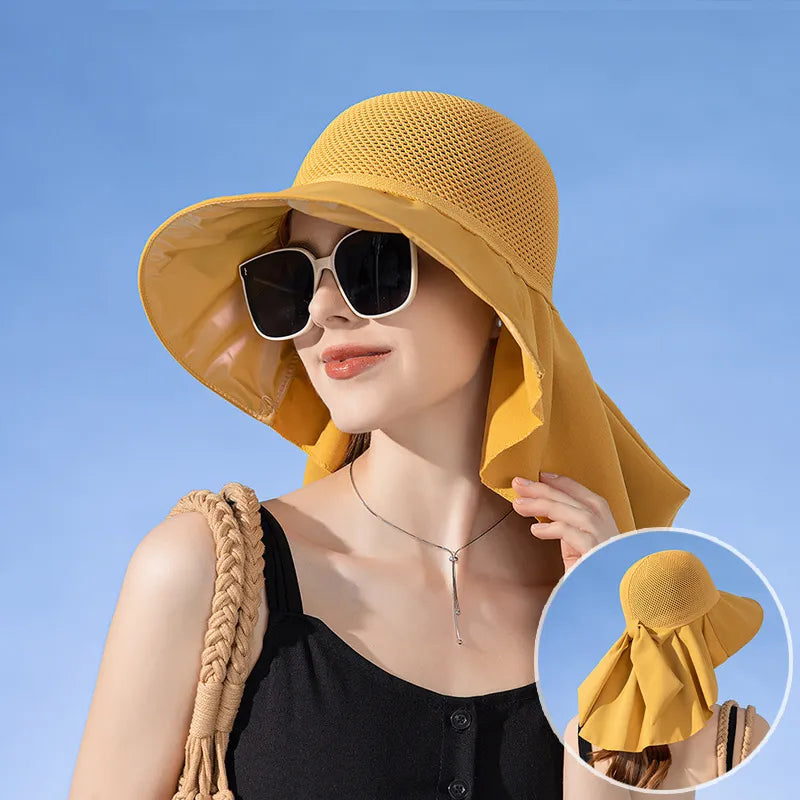 Verão Mulheres Bucket Hat com Xale Leve Malha Respirável Rosto Proteção Pescoço Sun Hat Bow Pleat Design Viagem Praia Cap