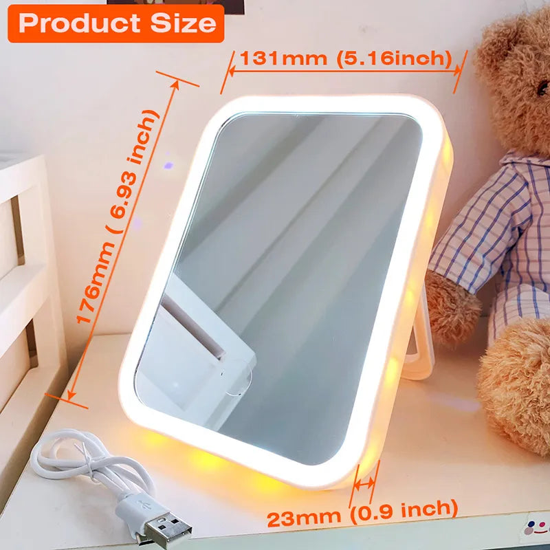 Espelho de maquiagem portátil recarregável LED, Desktop Folding Portable Mirror, Travel Vanity, Looking Glass, Fill Light