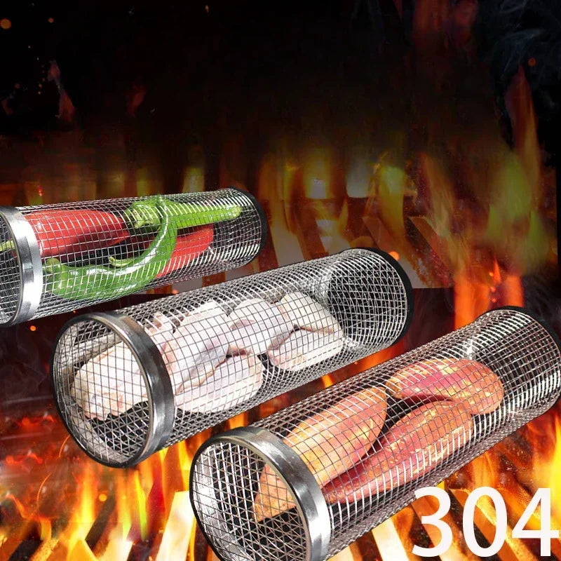 Aço inoxidável Leakproof Mesh Barbecue Rack, simples cilíndrico Grill Basket, Rolling Grilling BBQ, Piquenique ao ar livre, Camping, Novo