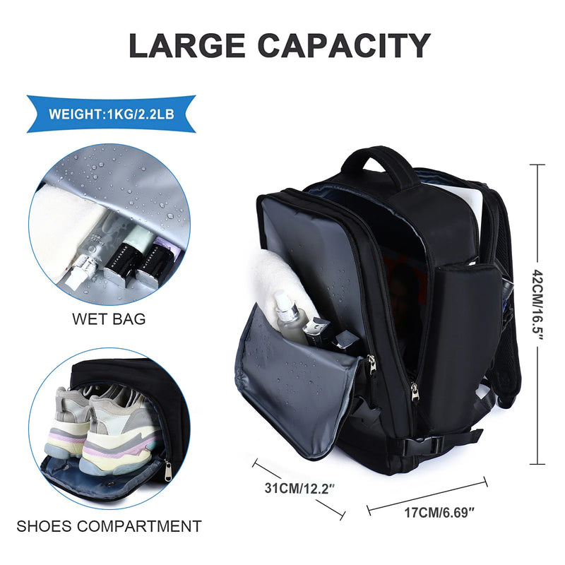 Mochila de Viagem Impermeável de Grande Capacidade para Mulheres, Cabine, Divisória Molhada e Seca, Mala, Mochila Laptop com USB, 40x20x30