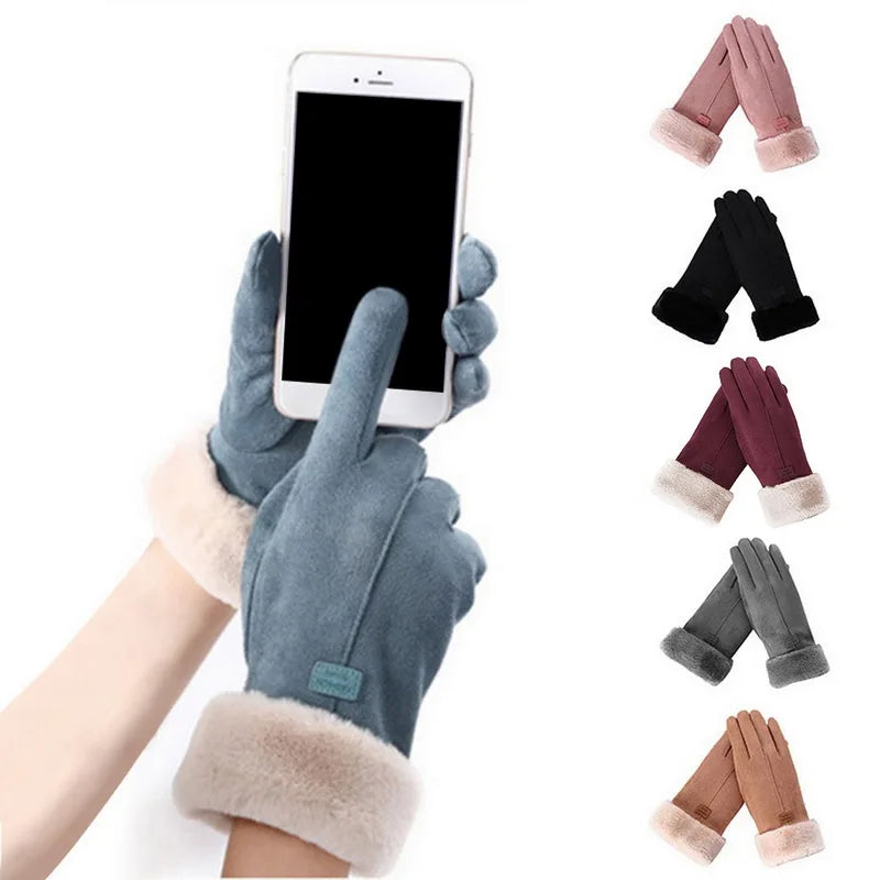 Inverno Feminino Cashmere Quente Camurça De Couro Ciclismo Mittens Duplo Grosso Veludo De Pelúcia Pulso Mulheres Touch Screen Condução Luvas