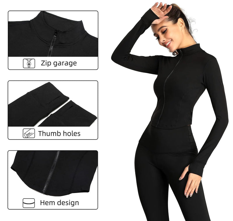 Fato de treino de mangas compridas Slim Fit para mulheres, casaco fitness, tops de ioga com buracos, jaqueta de ginástica, moletons de treino