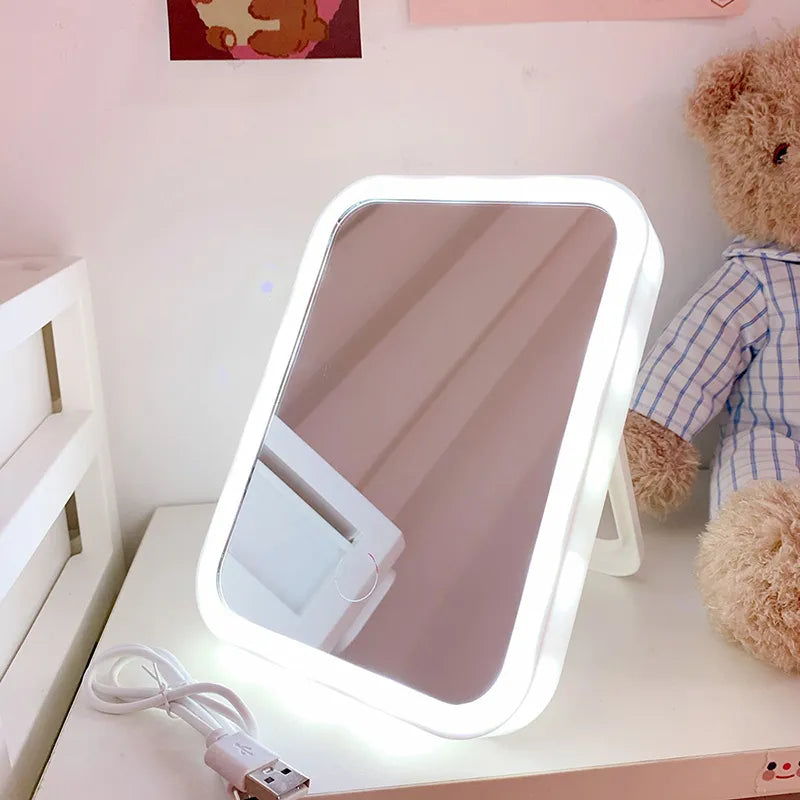 Espelho de maquiagem portátil recarregável LED, Desktop Folding Portable Mirror, Travel Vanity, Looking Glass, Fill Light