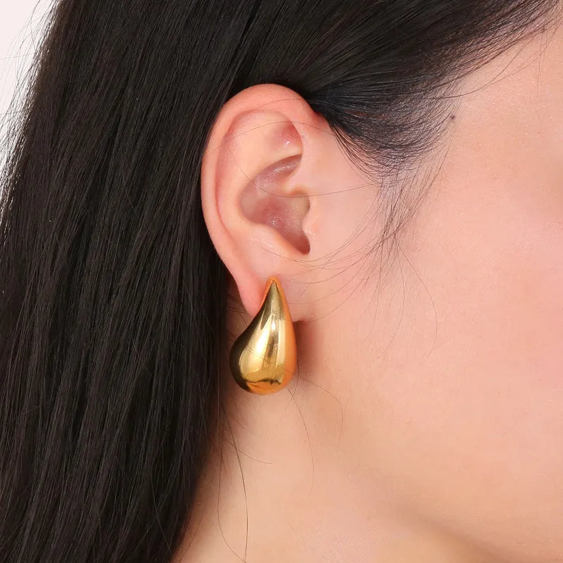 Banhado a ouro Chunky Dome Drop Earrings para mulheres, aço inoxidável brilhante, grossos brinco de lágrima, jóias vintage, atacado