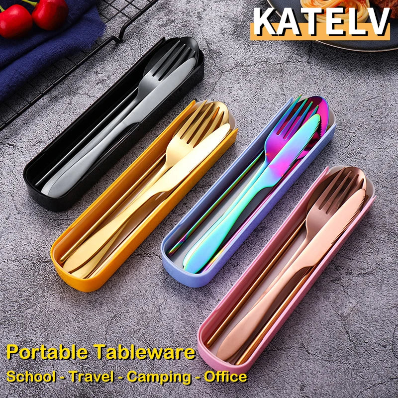 Aço inoxidável Set Talheres, Outdoor Set Talheres, do agregado familiar, Ultra portátil, faca, garfo, colher, pauzinhos, viagens, Camping, Carry, 4pcs