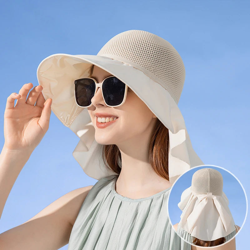 Verão Mulheres Bucket Hat com Xale Leve Malha Respirável Rosto Proteção Pescoço Sun Hat Bow Pleat Design Viagem Praia Cap