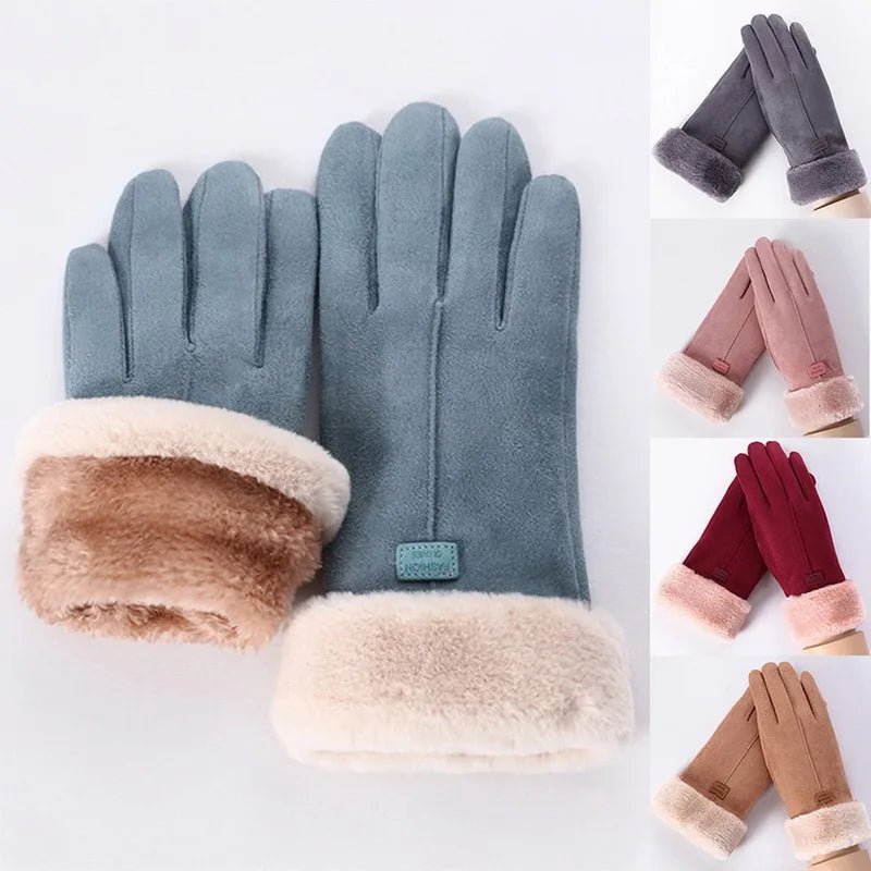 Inverno Feminino Cashmere Quente Camurça De Couro Ciclismo Mittens Duplo Grosso Veludo De Pelúcia Pulso Mulheres Touch Screen Condução Luvas