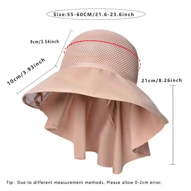 Verão Mulheres Bucket Hat com Xale Leve Malha Respirável Rosto Proteção Pescoço Sun Hat Bow Pleat Design Viagem Praia Cap