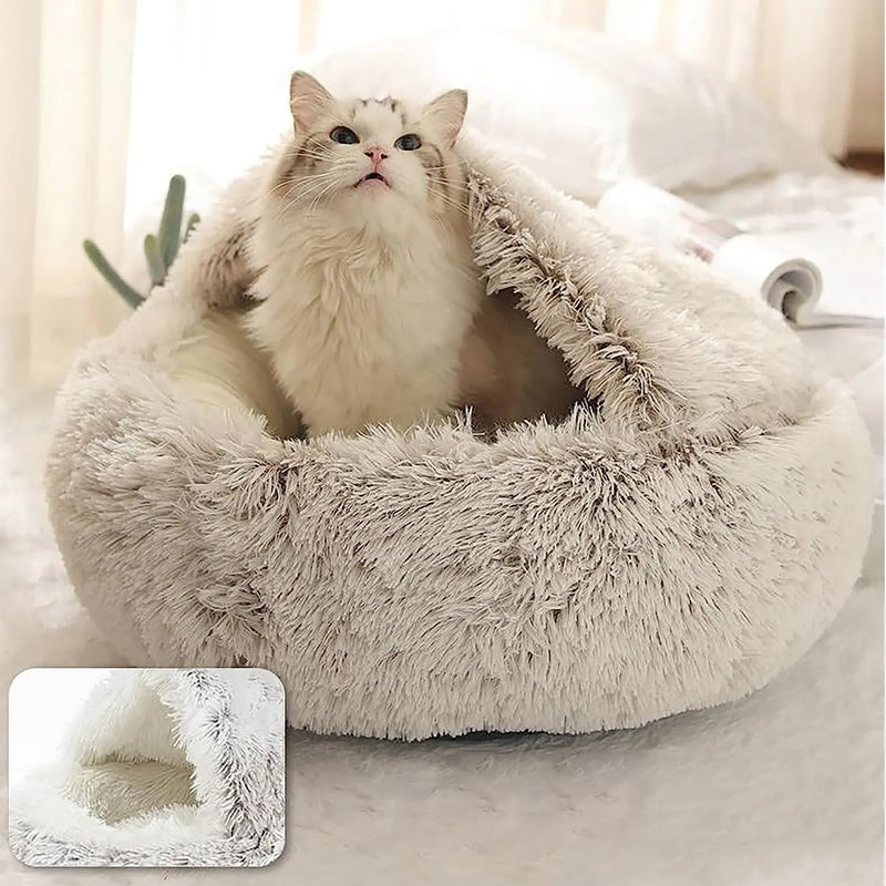 Soft Plush Pet Bed com tampa redonda Cat Bed Pet Colchão Quente Cat Dog 2 em 1 Sleeping Nest Cave para cães pequenos