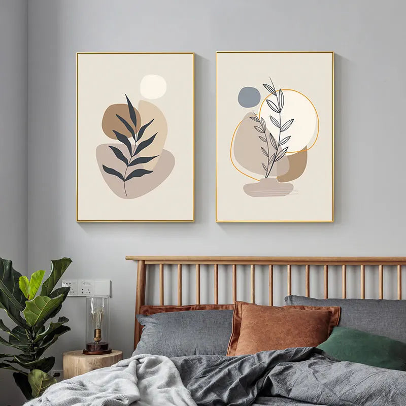 Folhas geométricas lua bege boho pintura da lona impressão abstrata parede cartazes decorativos para sala de estar decoração casa arte imagem