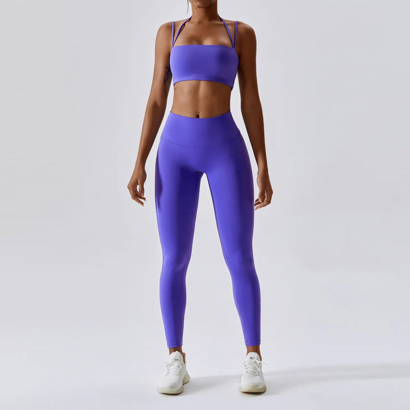 Yoga roupas conjuntos para mulheres, desgaste atlético, leggings de cintura alta e top, sem costura, ginásio treino, fitness, treino