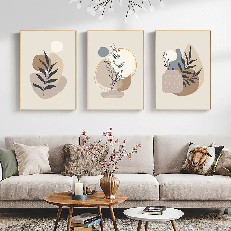 Folhas geométricas lua bege boho pintura da lona impressão abstrata parede cartazes decorativos para sala de estar decoração casa arte imagem