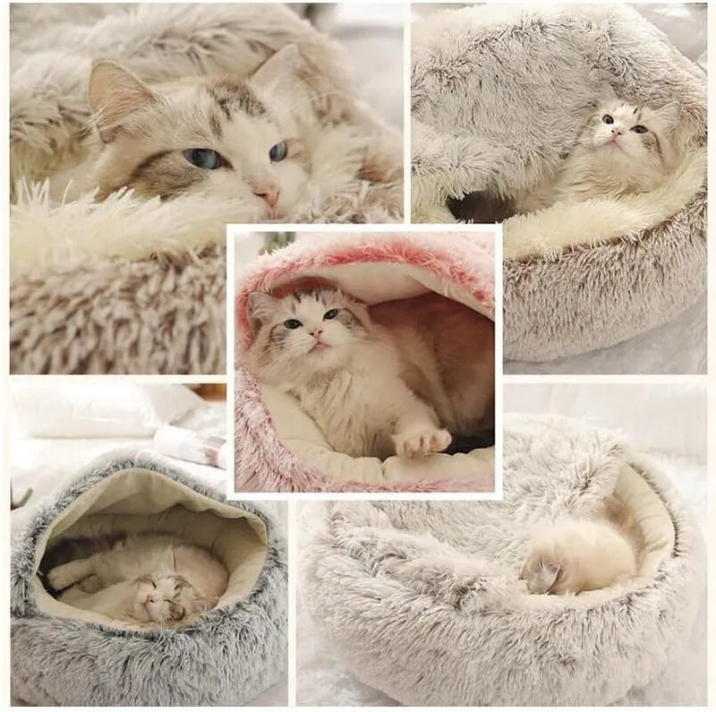 Soft Plush Pet Bed com tampa redonda Cat Bed Pet Colchão Quente Cat Dog 2 em 1 Sleeping Nest Cave para cães pequenos