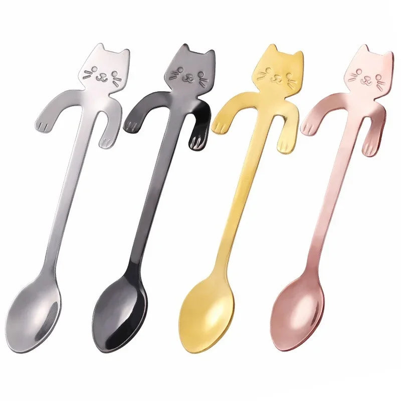 Colher de café em aço inoxidável, colher de chá para sobremesa, lanche, colher de sorvete, mini colheres, utensílios de cozinha, gato bonito bonito