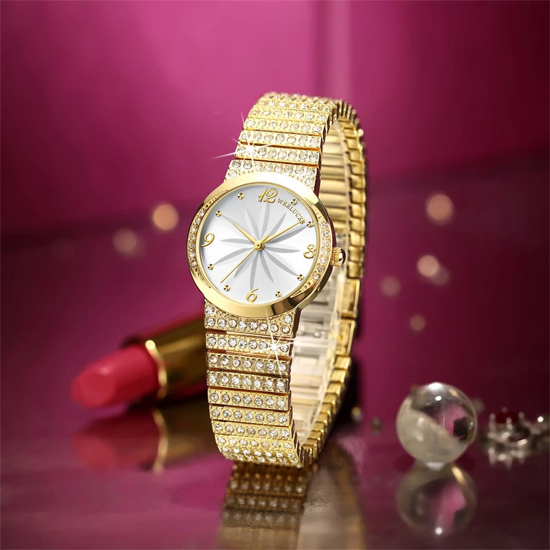 Weelucks k1001 relógio de quartzo de luxo feminino relógios de diamante completo banda 3atm à prova delegant água moda elegante esportes feminino relógio de pulso watch