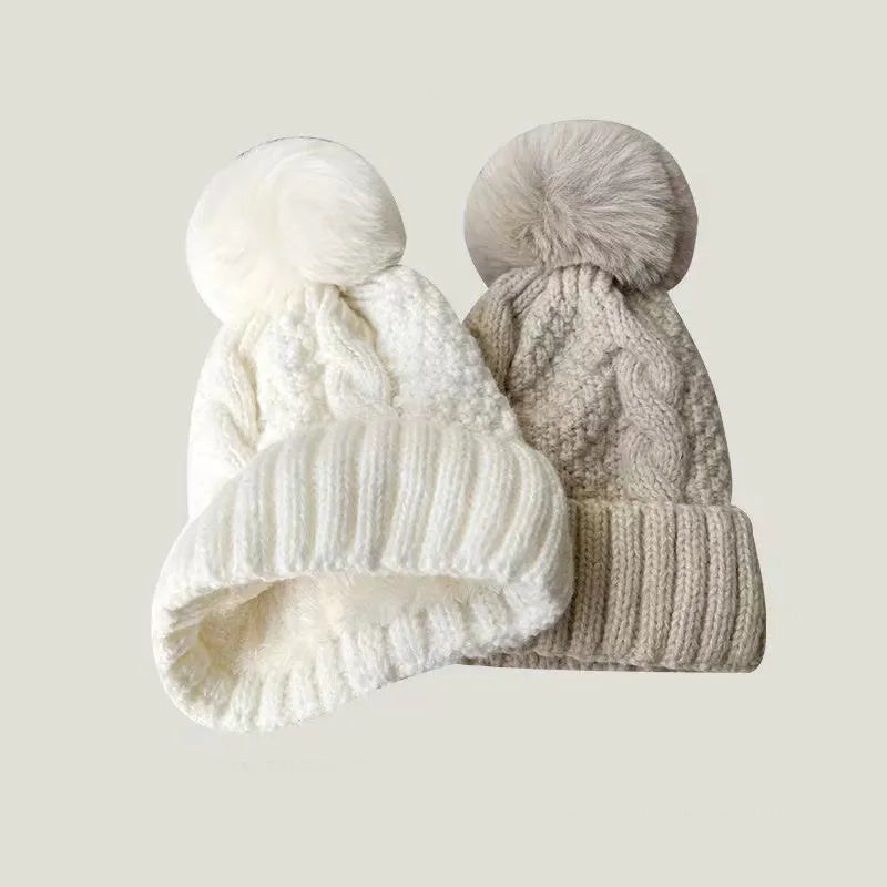 Chapéu de tricô twist para mulheres pompom peluche grosso, gorro monocromático para senhoras, skullies de esqui e neve, gorros novos para o inverno