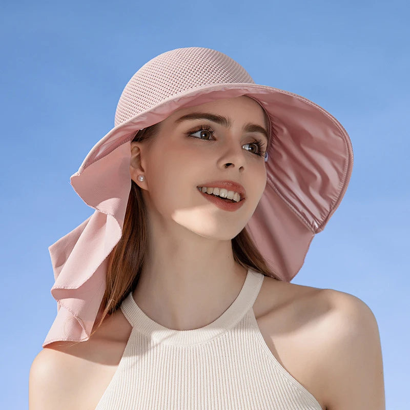 Verão Mulheres Bucket Hat com Xale Leve Malha Respirável Rosto Proteção Pescoço Sun Hat Bow Pleat Design Viagem Praia Cap